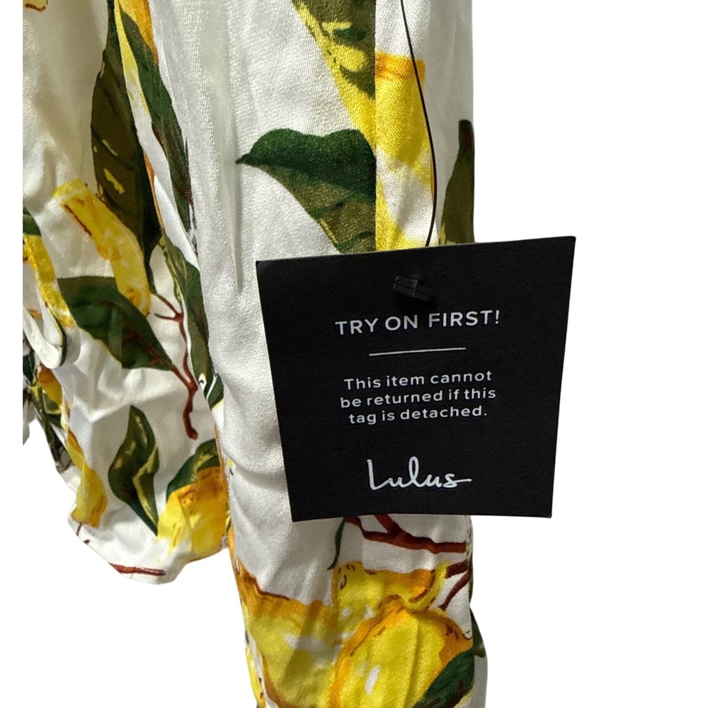 Lulus Lemon Print Mini Dress White Yellow Citrus Front Tie V-Neck Short Sleeve L - Picture 4 of 5